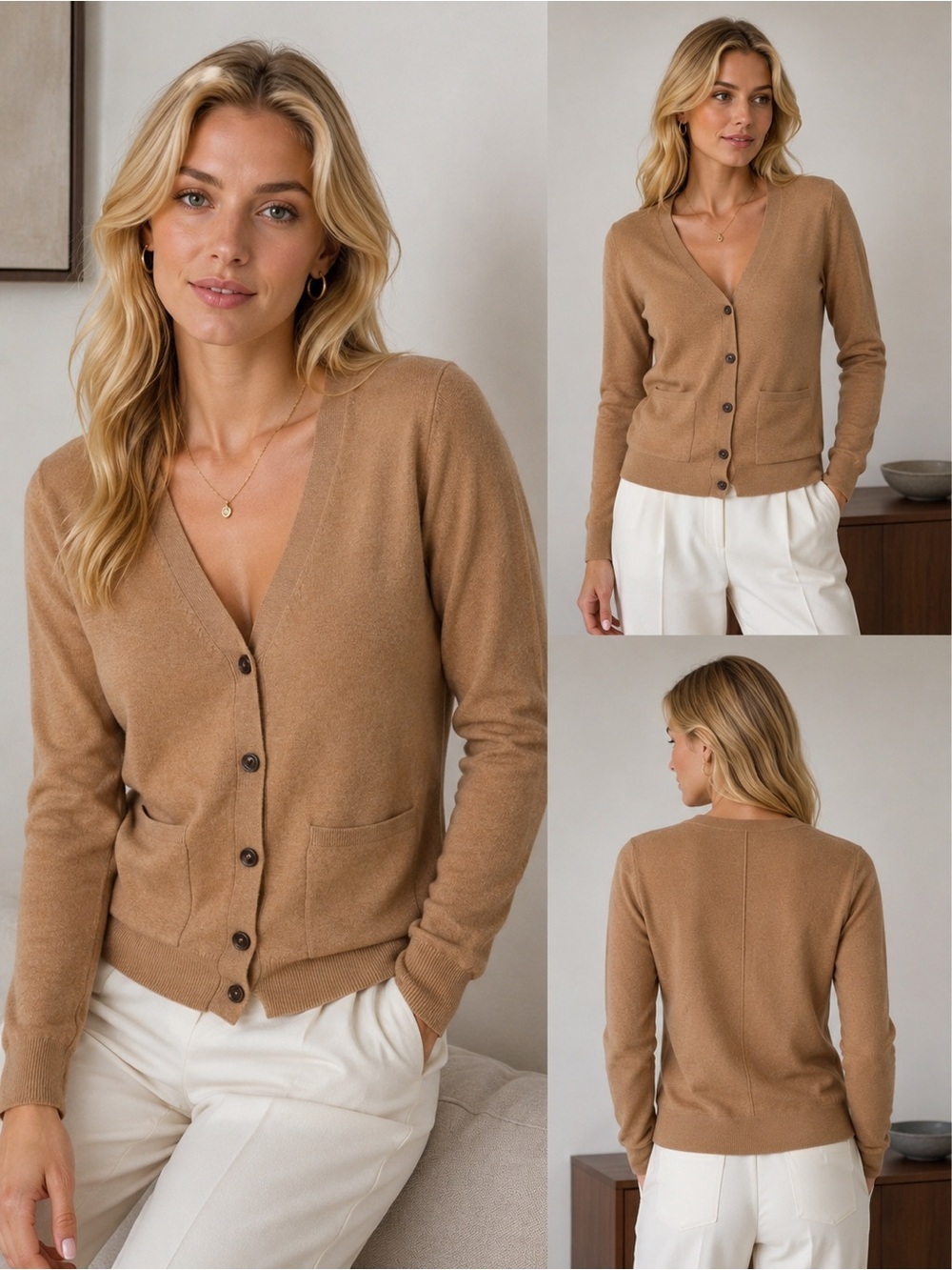NAADAM Camel V-Neck Button Cardigan